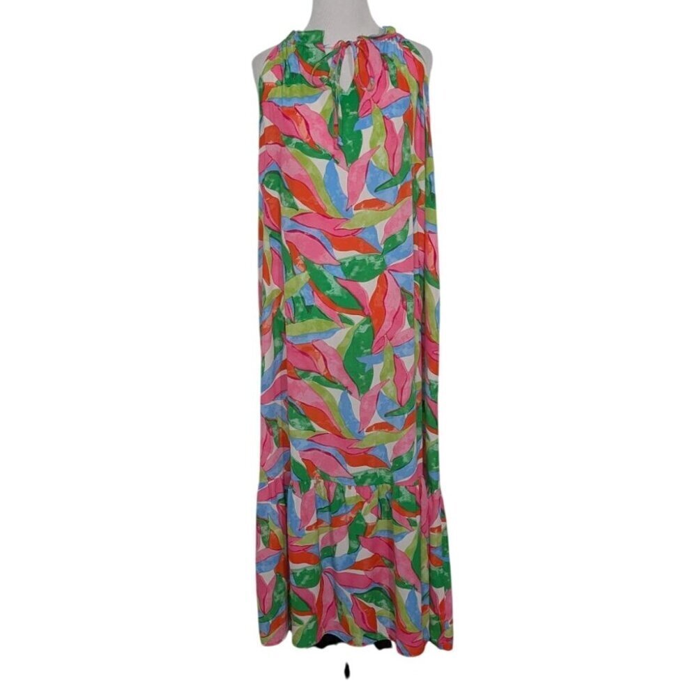 Emma & Michele Maxi Dress Womens Size XL Green Pink Tropical Sleeveless Shift